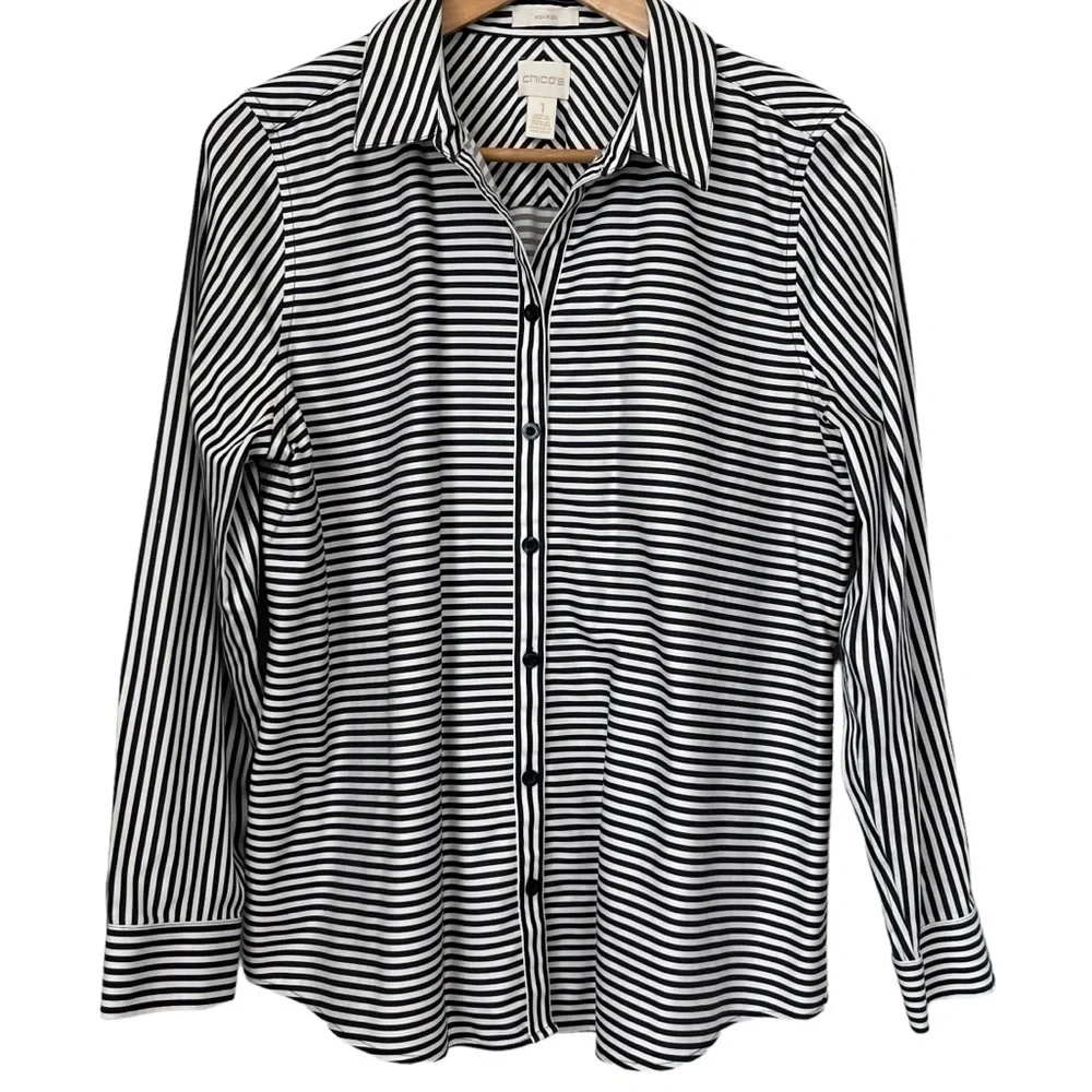 Chico’s Striped Black & White Long-Sleeved Career Blouse Size 1 (US M/8)